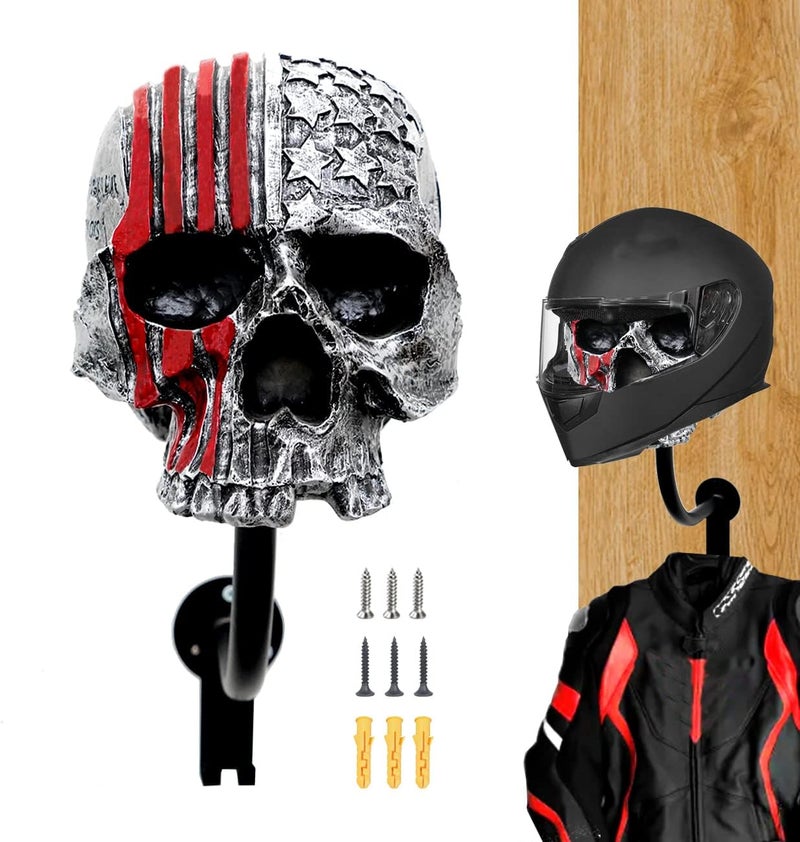 Tooyuart Motorcycle Helmet Rack Wall Mount,Red Skull Helmet Holder Wall Mount with 2 Hooks Helmet Hanger for Coats, Caps, Baseballs and Rugby Helmet,Motorcycle Accessories - Image 1